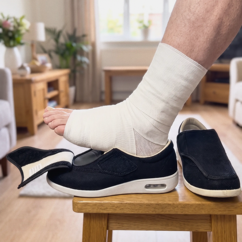 Bandaged foot sliding into an opened shoe