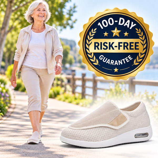 Smiling senior woman walking outdoors with a 100-Day Risk-Free Guarantee seal