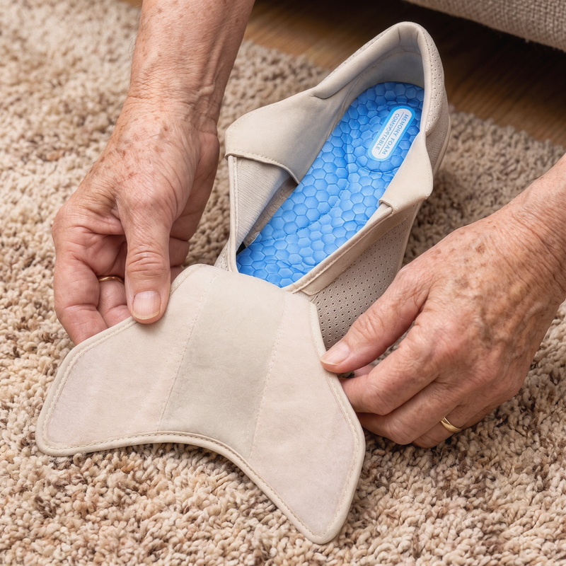 Hands folding a shoe completely open